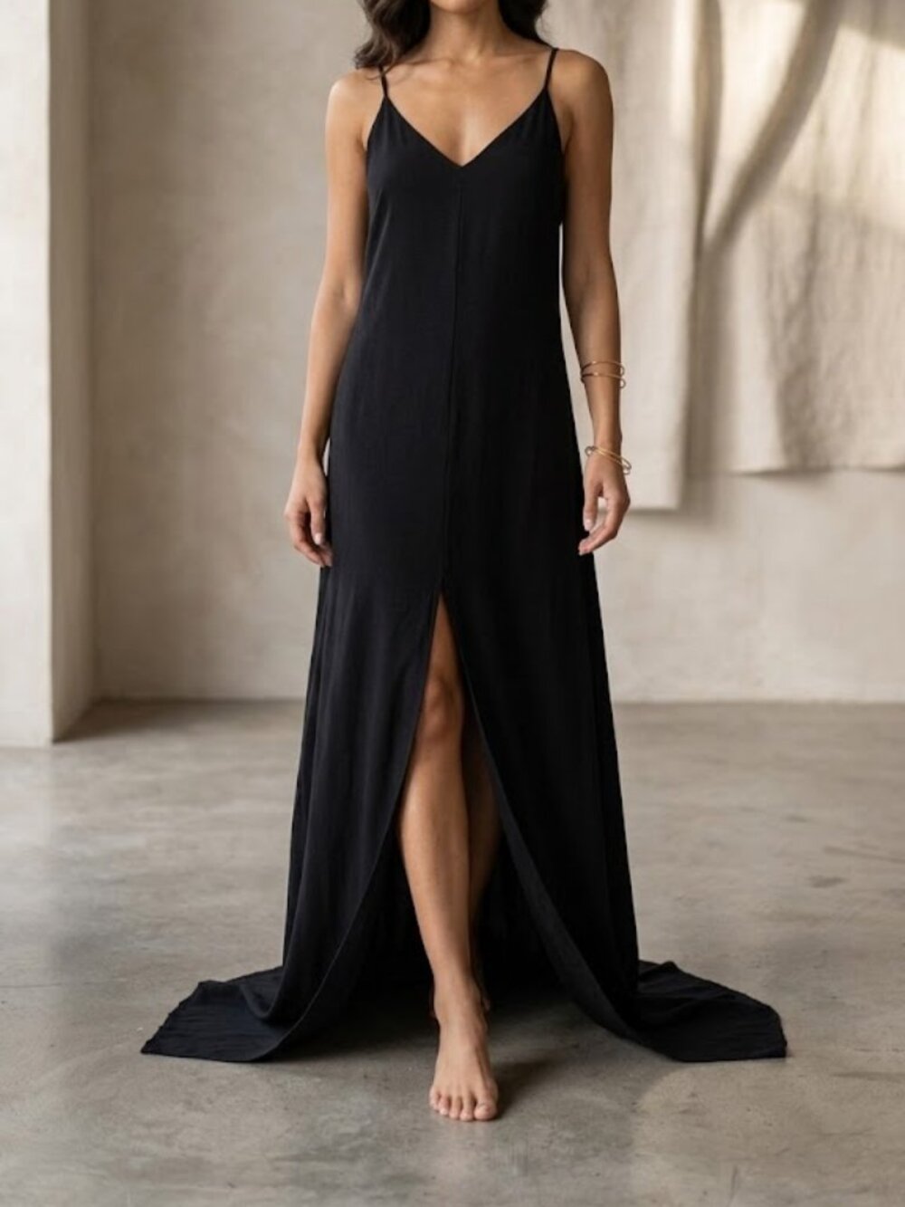 LAmade Black Modal V-Neck Spaghetti Strap Front Slit Maxi Dress Size L Long Gown